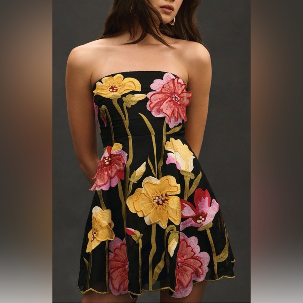 Anthropologie floral mini dress w/ 3D appliqué. Strapless. Black yellow pink. S - Picture 2 of 16